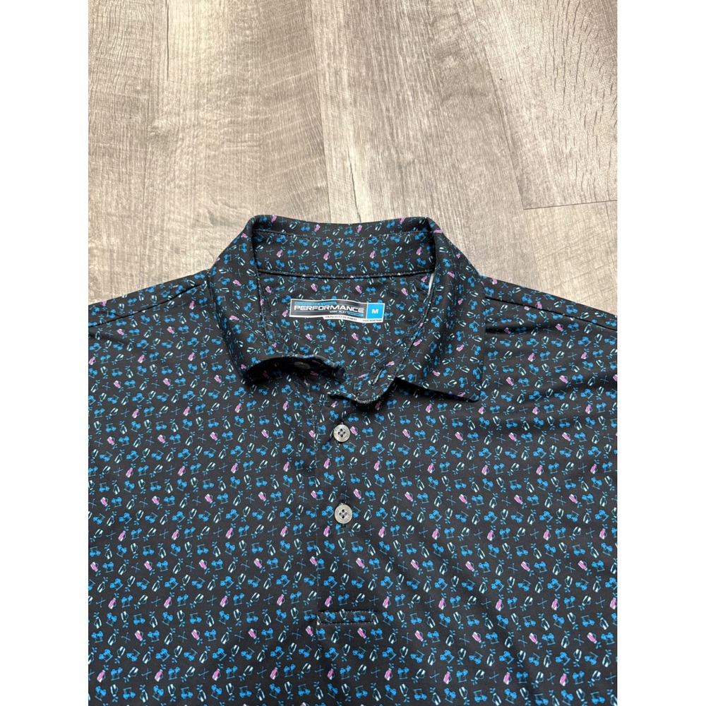 Performance Mens Golf Polo Shirt Black Blue Pink Golf Cart Print Size M